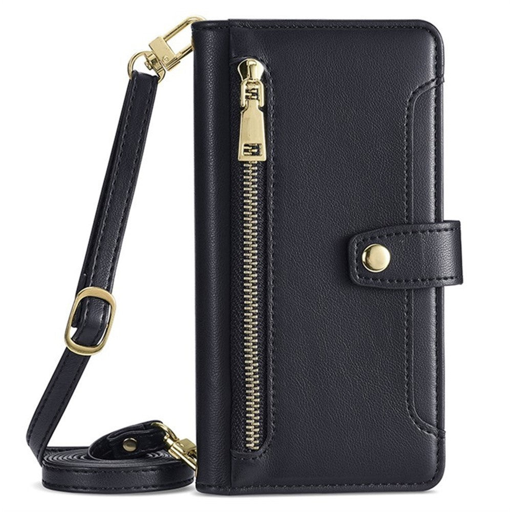For Motorola Edge 70 5G Leather Case Zipper Pocket Wallet Phone Cover with 2 Straps - Black
