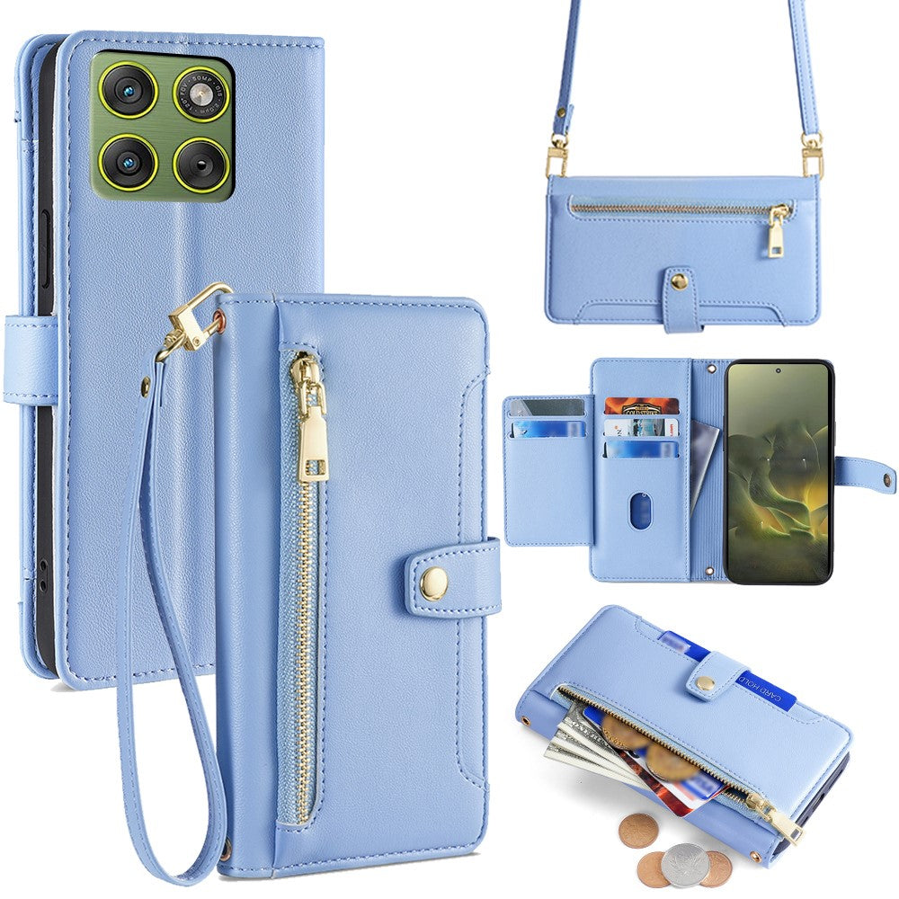 For Motorola Edge 70 5G Leather Case Zipper Pocket Wallet Phone Cover with 2 Straps - Blue