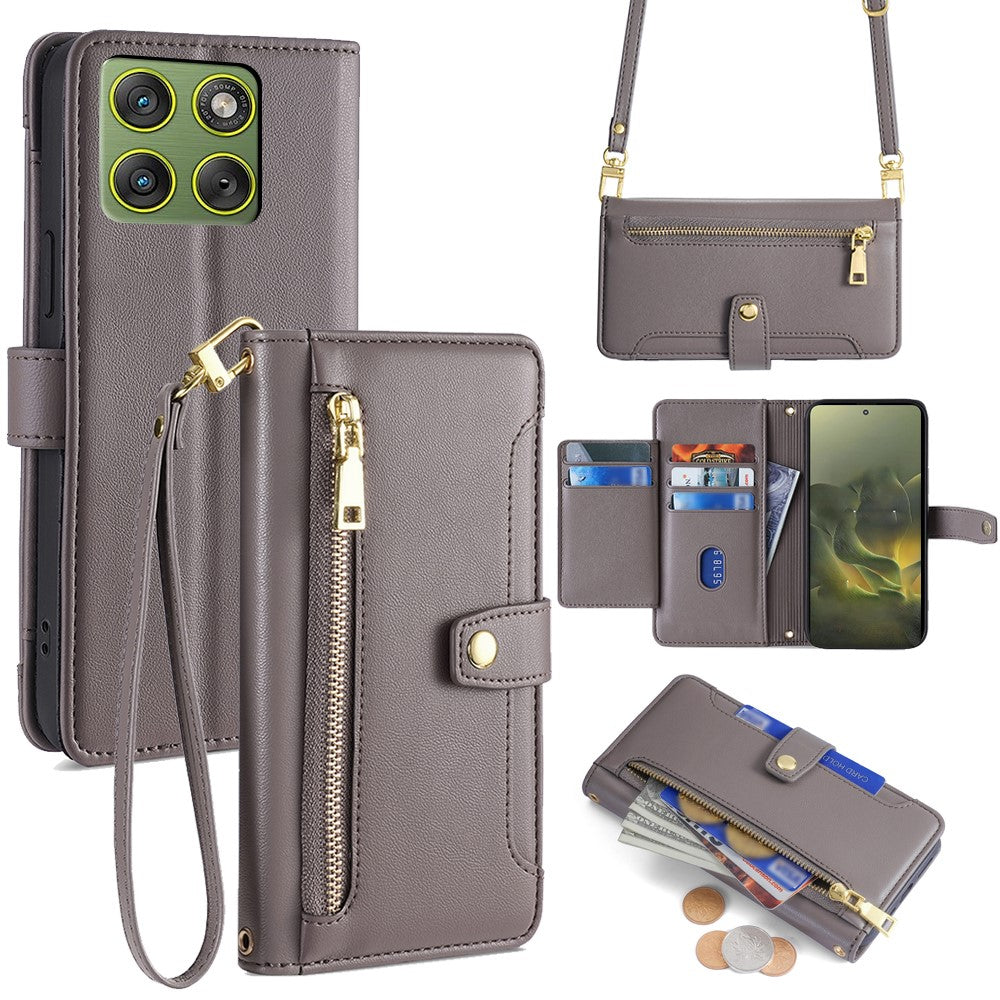 For Motorola Edge 70 5G Leather Case Zipper Pocket Wallet Phone Cover with 2 Straps - Grey
