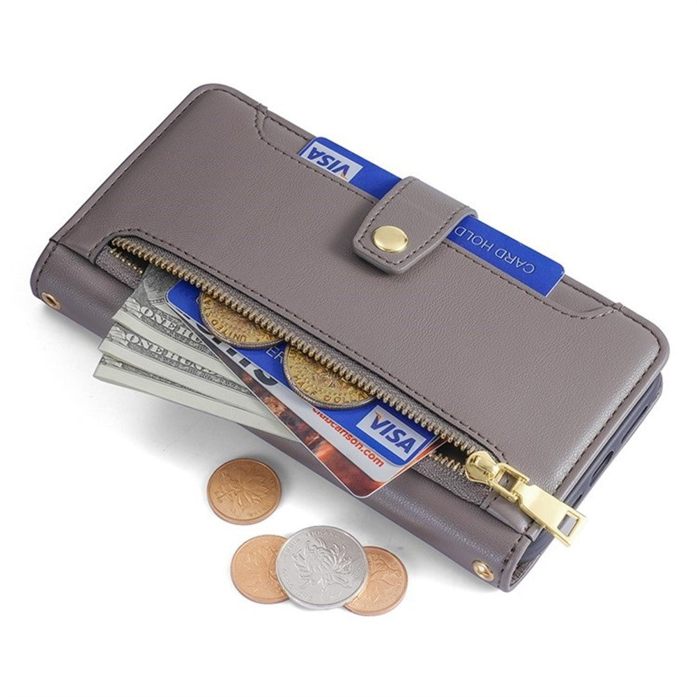 For Motorola Edge 70 5G Leather Case Zipper Pocket Wallet Phone Cover with 2 Straps - Grey