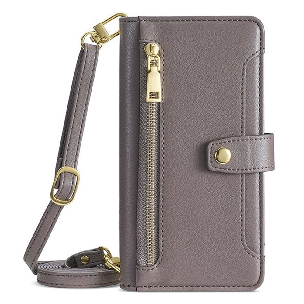 For Motorola Edge 70 5G Leather Case Zipper Pocket Wallet Phone Cover with 2 Straps - Grey