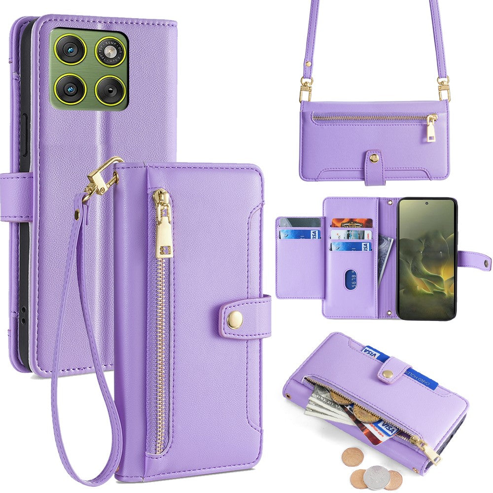 For Motorola Edge 70 5G Leather Case Zipper Pocket Wallet Phone Cover with 2 Straps - Purple