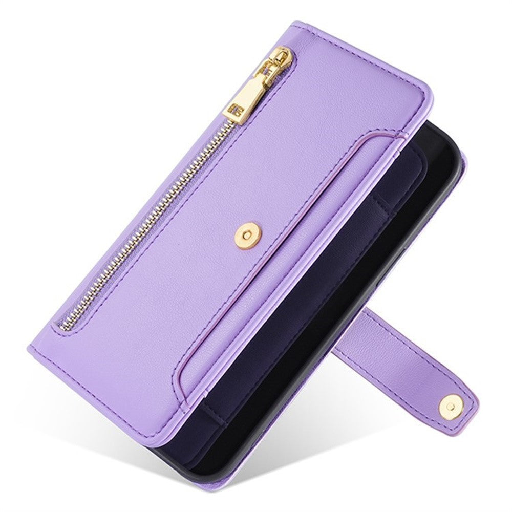 For Motorola Edge 70 5G Leather Case Zipper Pocket Wallet Phone Cover with 2 Straps - Purple