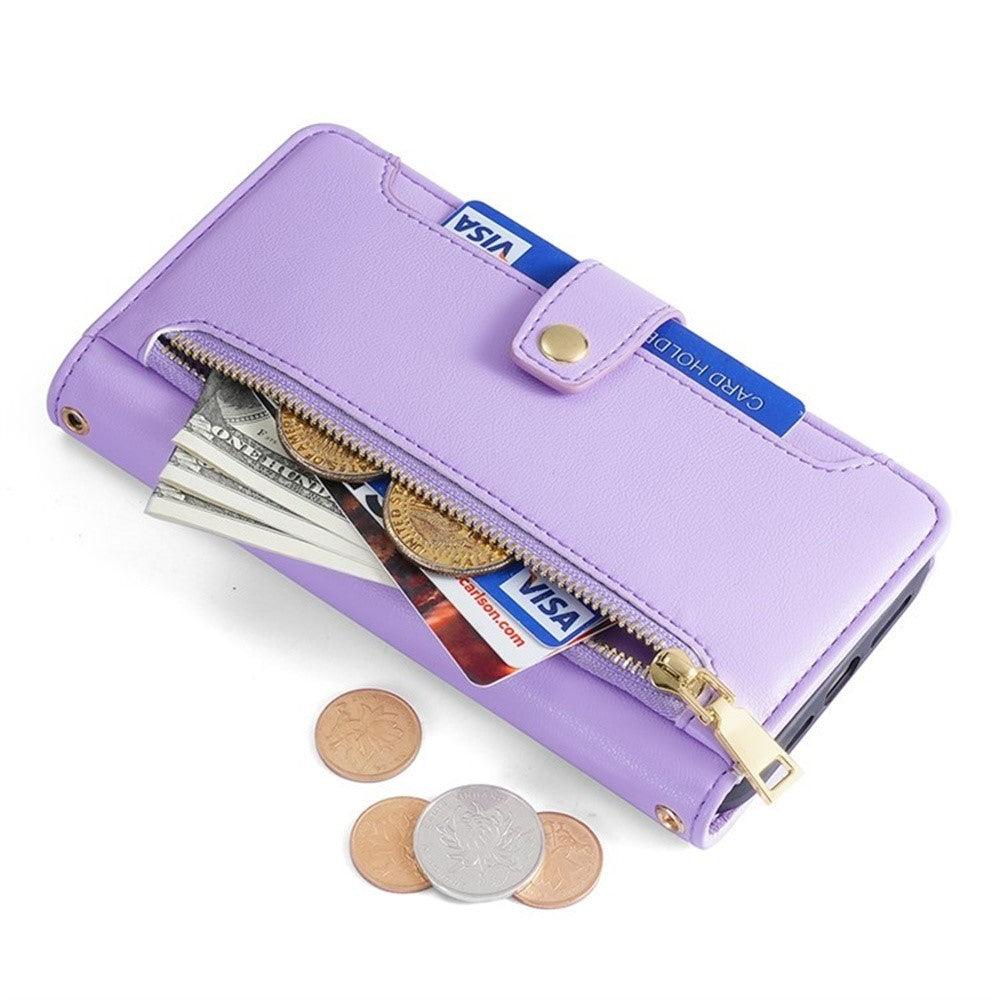 For Motorola Edge 70 5G Leather Case Zipper Pocket Wallet Phone Cover with 2 Straps - Purple