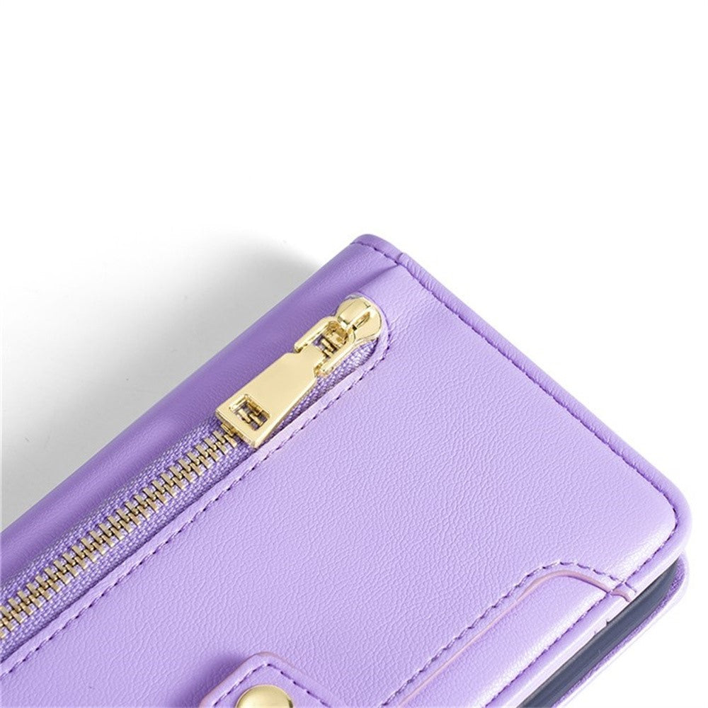 For Motorola Edge 70 5G Leather Case Zipper Pocket Wallet Phone Cover with 2 Straps - Purple