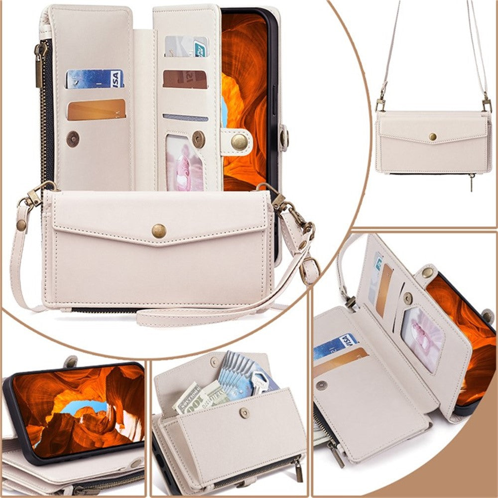 For Motorola Edge 70 5G Case Card Slots Zipper Purse PU Leather Phone Cover with Shoulder Strap - White