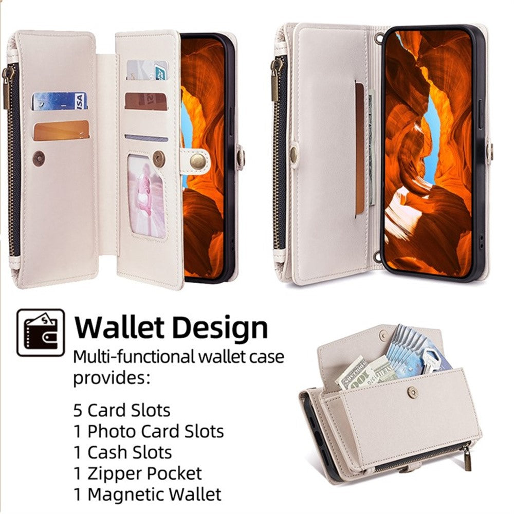 For Motorola Edge 70 5G Case Card Slots Zipper Purse PU Leather Phone Cover with Shoulder Strap - White