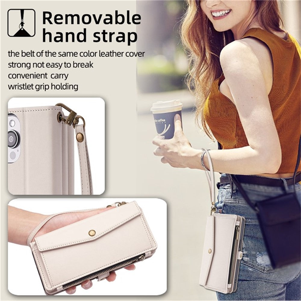 For Motorola Edge 70 5G Case Card Slots Zipper Purse PU Leather Phone Cover with Shoulder Strap - White