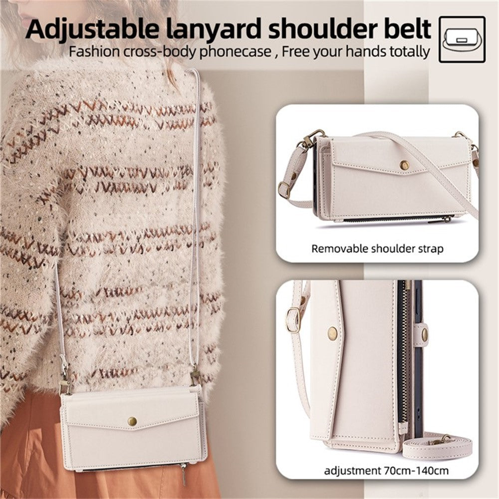 For Motorola Edge 70 5G Case Card Slots Zipper Purse PU Leather Phone Cover with Shoulder Strap - White