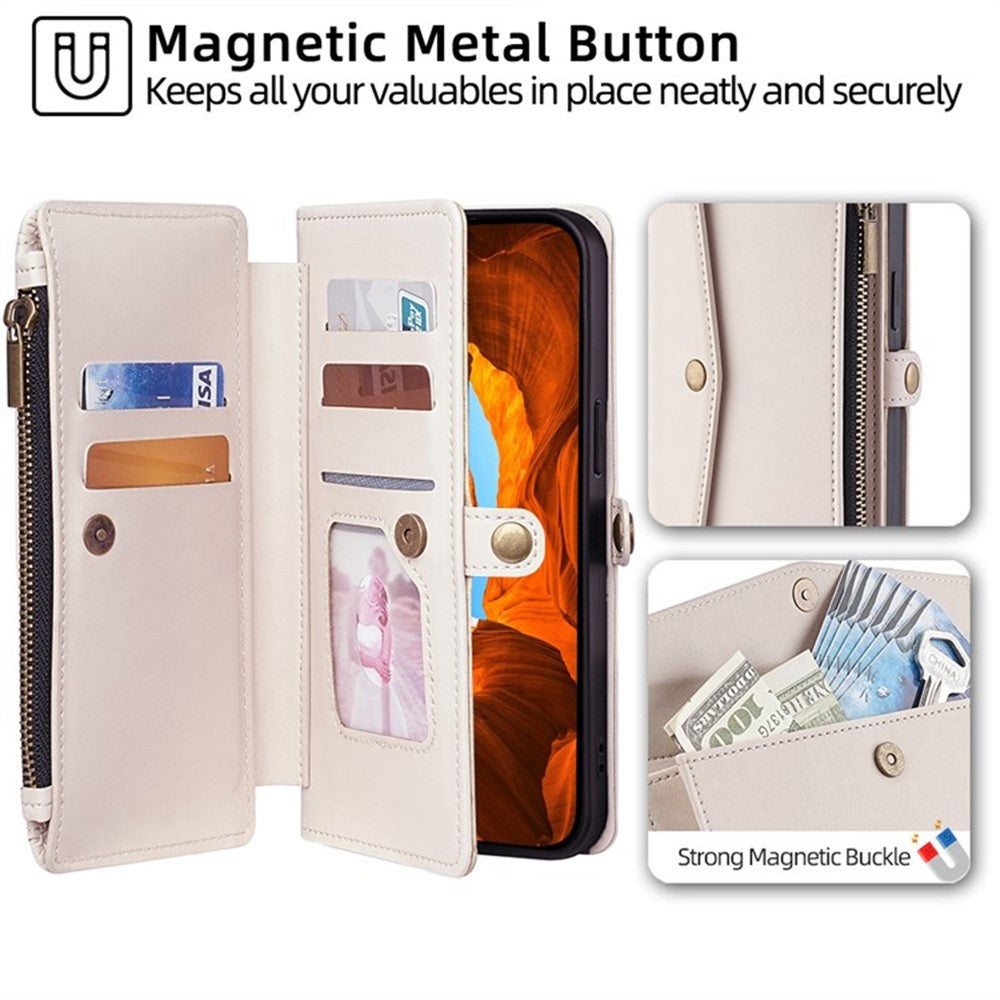 For Motorola Edge 70 5G Case Card Slots Zipper Purse PU Leather Phone Cover with Shoulder Strap - White