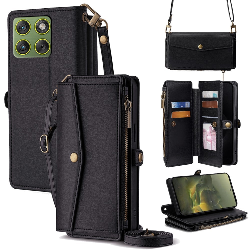 For Motorola Edge 70 5G Case Card Slots Zipper Purse PU Leather Phone Cover with Shoulder Strap - Black