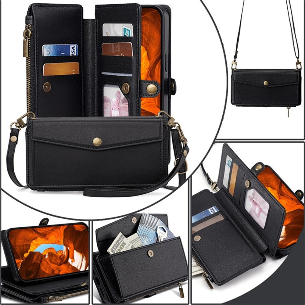 For Motorola Edge 70 5G Case Card Slots Zipper Purse PU Leather Phone Cover with Shoulder Strap - Black