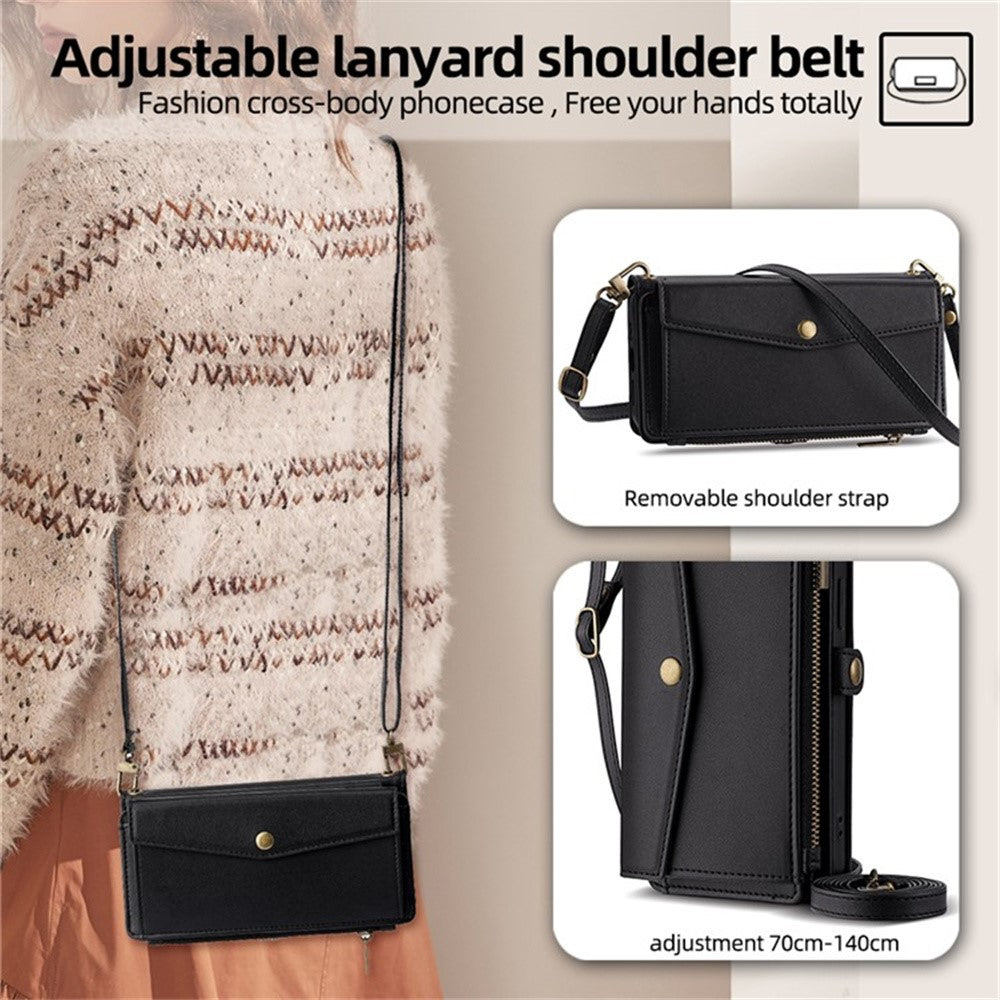 For Motorola Edge 70 5G Case Card Slots Zipper Purse PU Leather Phone Cover with Shoulder Strap - Black
