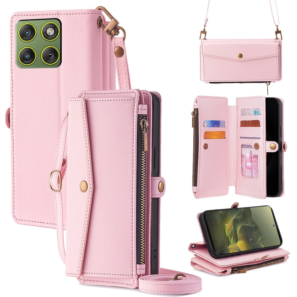 For Motorola Edge 70 5G Case Card Slots Zipper Purse PU Leather Phone Cover with Shoulder Strap - Pink