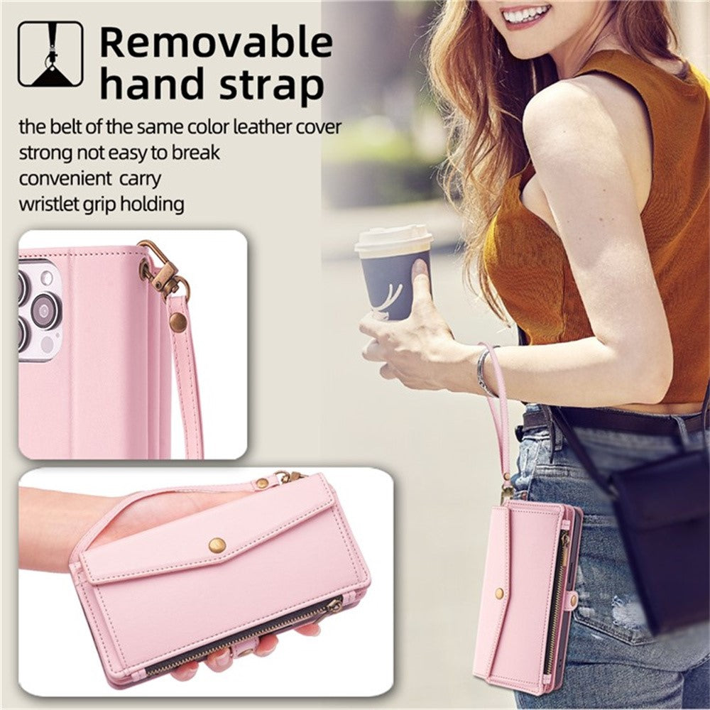 For Motorola Edge 70 5G Case Card Slots Zipper Purse PU Leather Phone Cover with Shoulder Strap - Pink