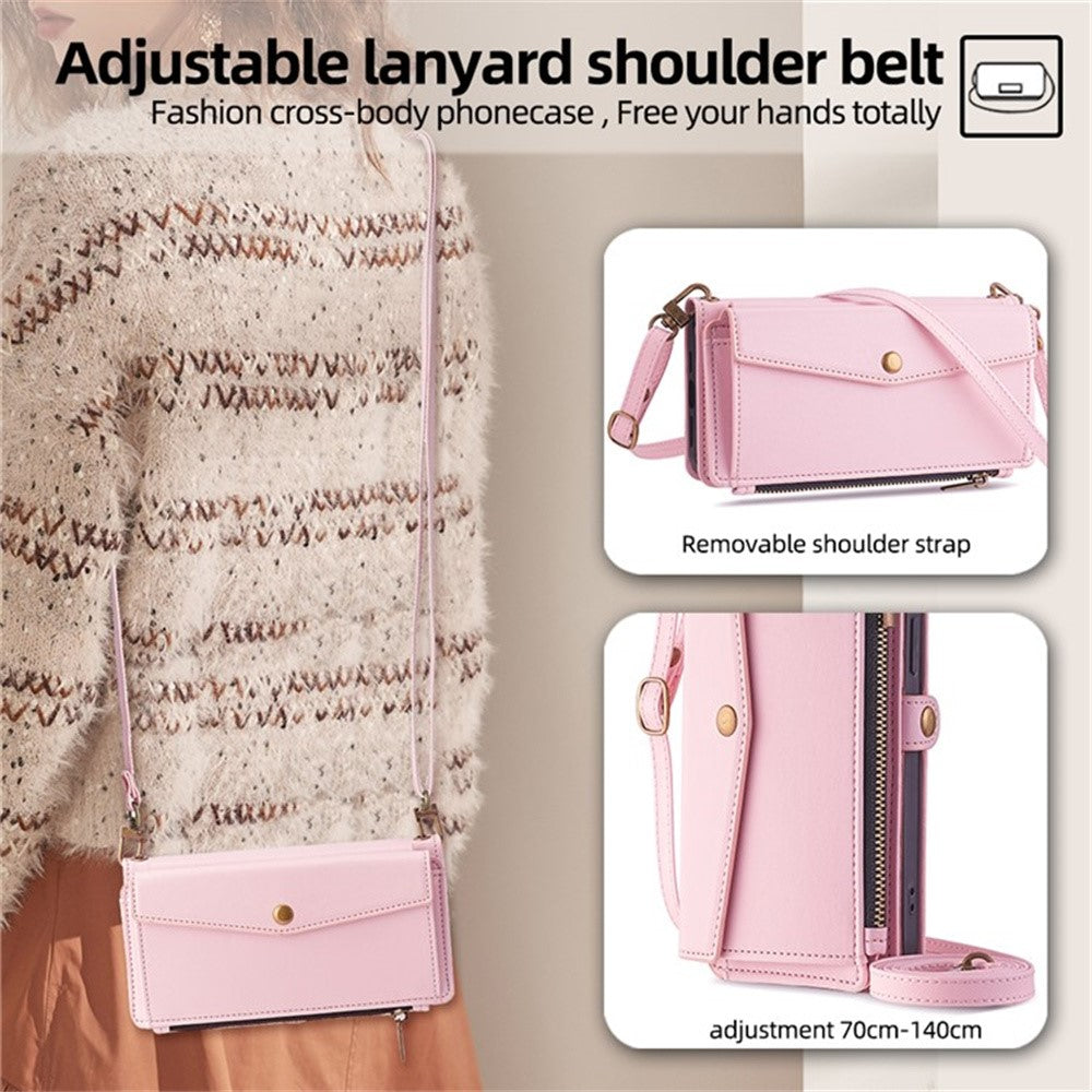 For Motorola Edge 70 5G Case Card Slots Zipper Purse PU Leather Phone Cover with Shoulder Strap - Pink