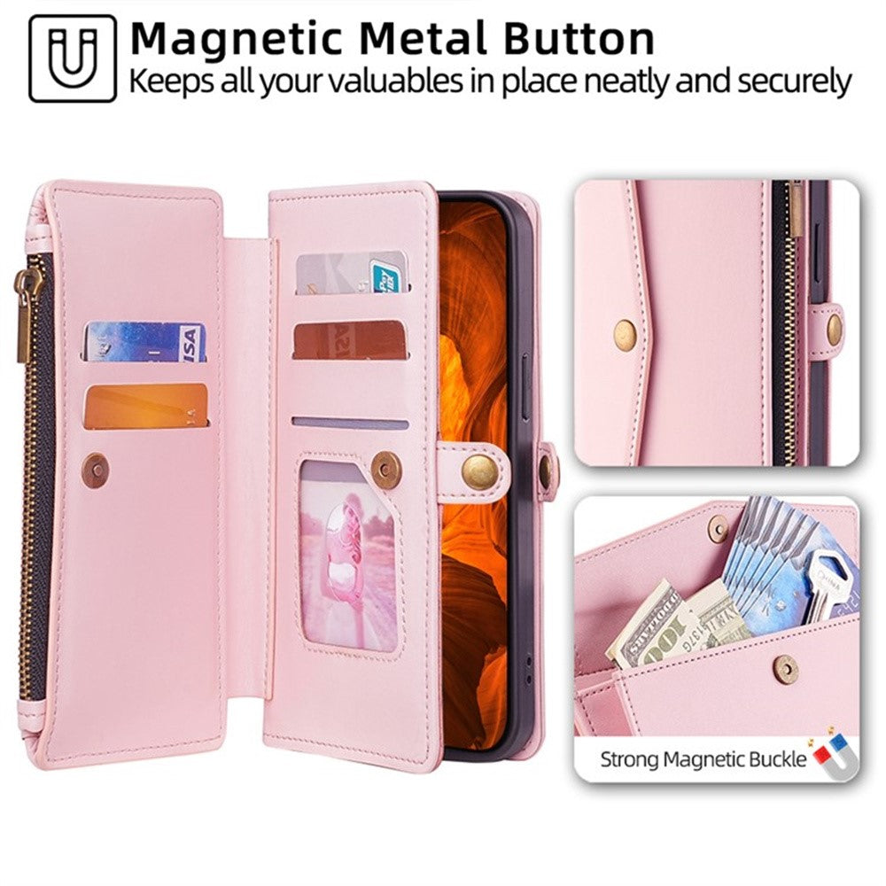 For Motorola Edge 70 5G Case Card Slots Zipper Purse PU Leather Phone Cover with Shoulder Strap - Pink