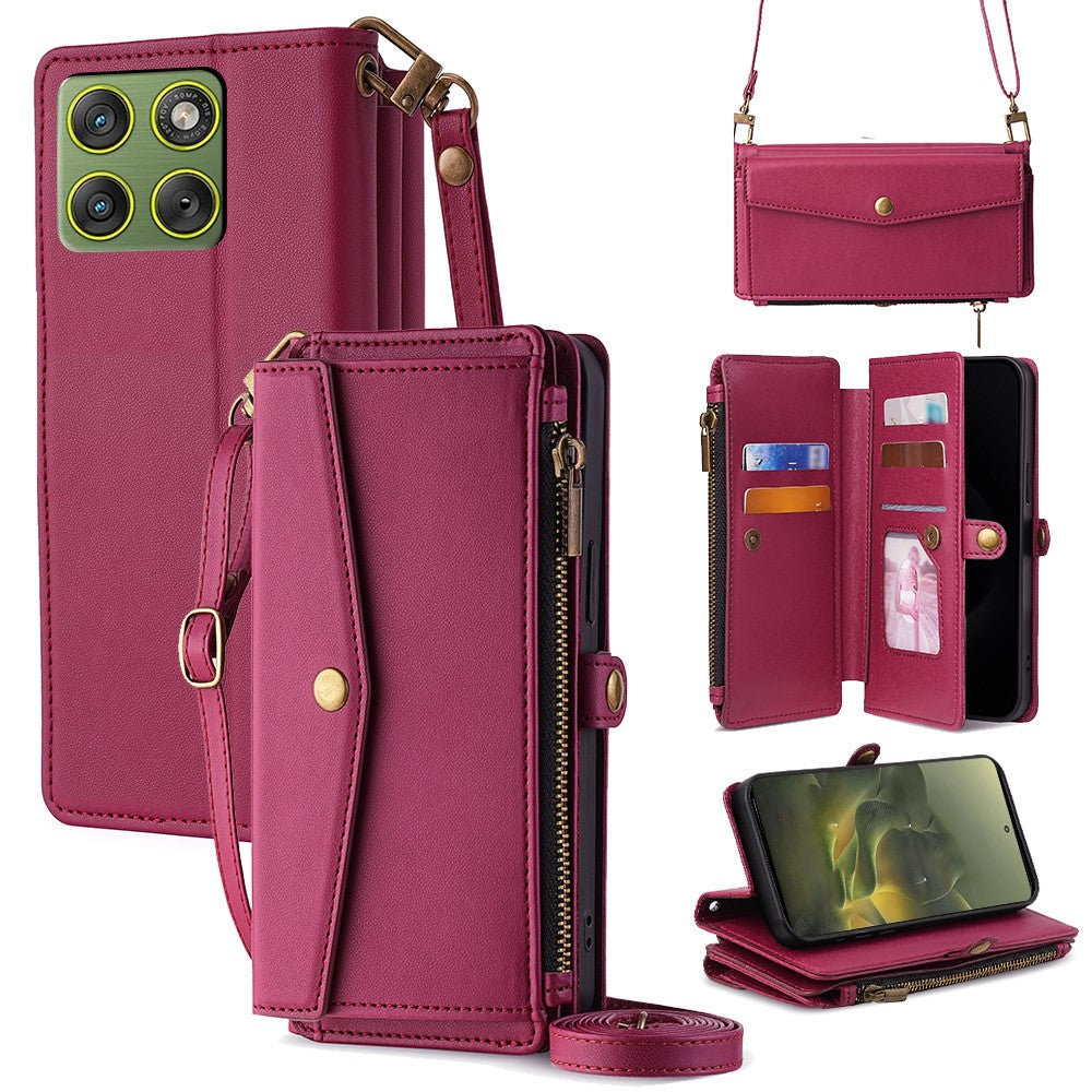 For Motorola Edge 70 5G Case Card Slots Zipper Purse PU Leather Phone Cover with Shoulder Strap - Red