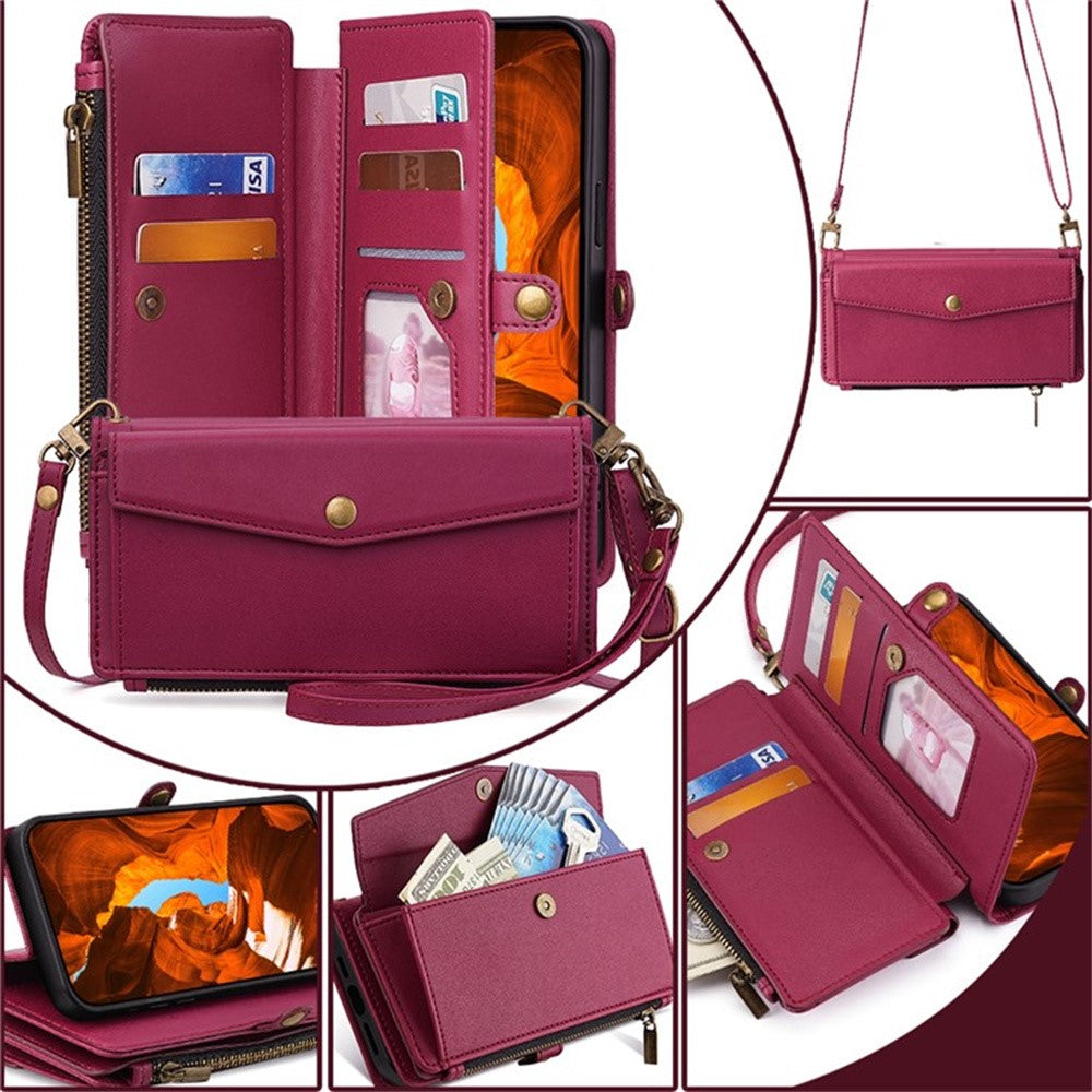 For Motorola Edge 70 5G Case Card Slots Zipper Purse PU Leather Phone Cover with Shoulder Strap - Red