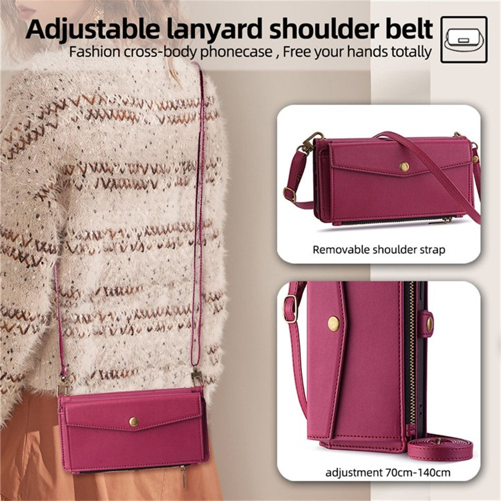 For Motorola Edge 70 5G Case Card Slots Zipper Purse PU Leather Phone Cover with Shoulder Strap - Red