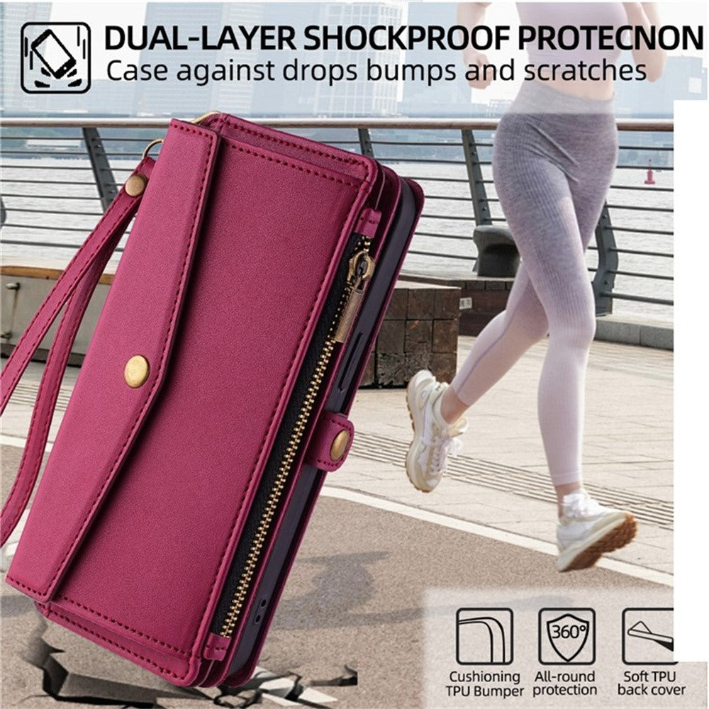 For Motorola Edge 70 5G Case Card Slots Zipper Purse PU Leather Phone Cover with Shoulder Strap - Red