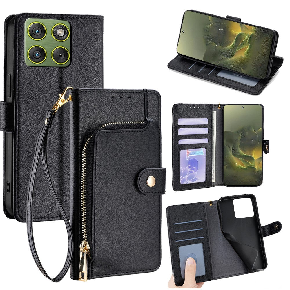 For Motorola Edge 70 5G Case Zipper Pocket PU Leather Wallet Flip Phone Cover - Black