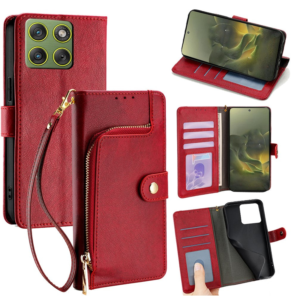 For Motorola Edge 70 5G Case Zipper Pocket PU Leather Wallet Flip Phone Cover - Red