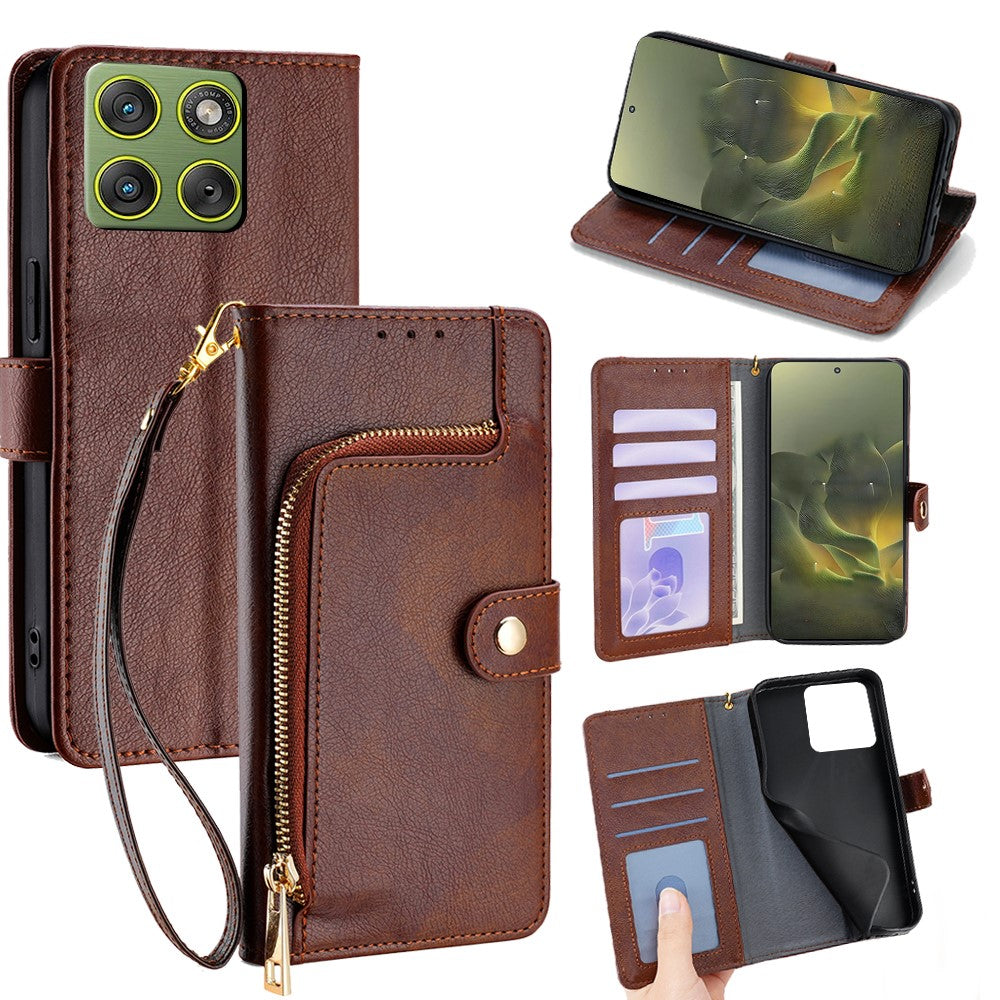 For Motorola Edge 70 5G Case Zipper Pocket PU Leather Wallet Flip Phone Cover - Brown