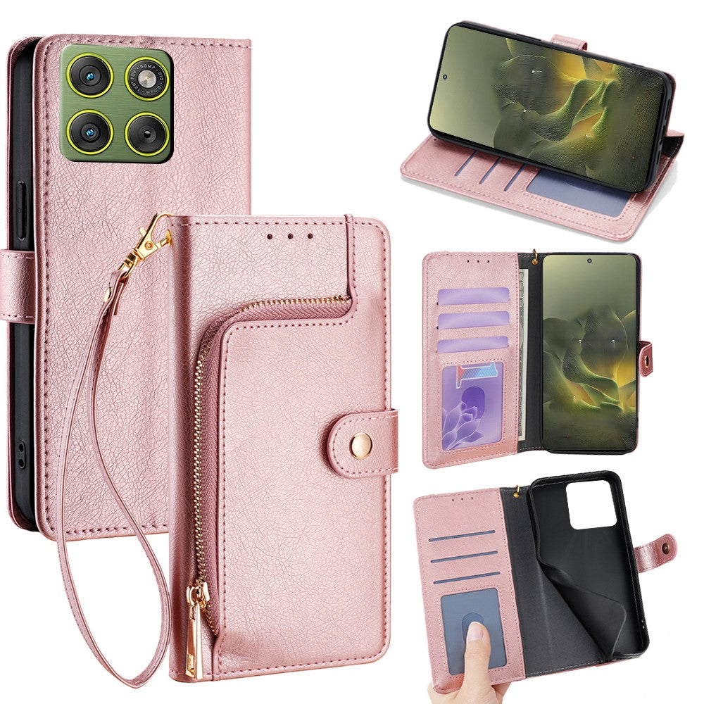 For Motorola Edge 70 5G Case Zipper Pocket PU Leather Wallet Flip Phone Cover - Rose Gold