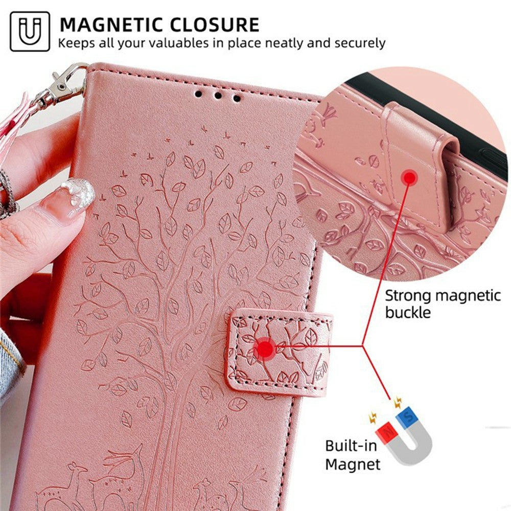 For Motorola Edge 70 5G Case PU Leather Wallet Phone Cover Tree Deer Imprinted - Rose Gold