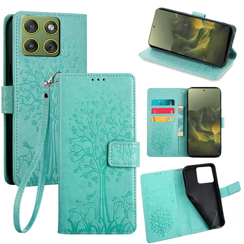 For Motorola Edge 70 5G Case PU Leather Wallet Phone Cover Tree Deer Imprinted - Green