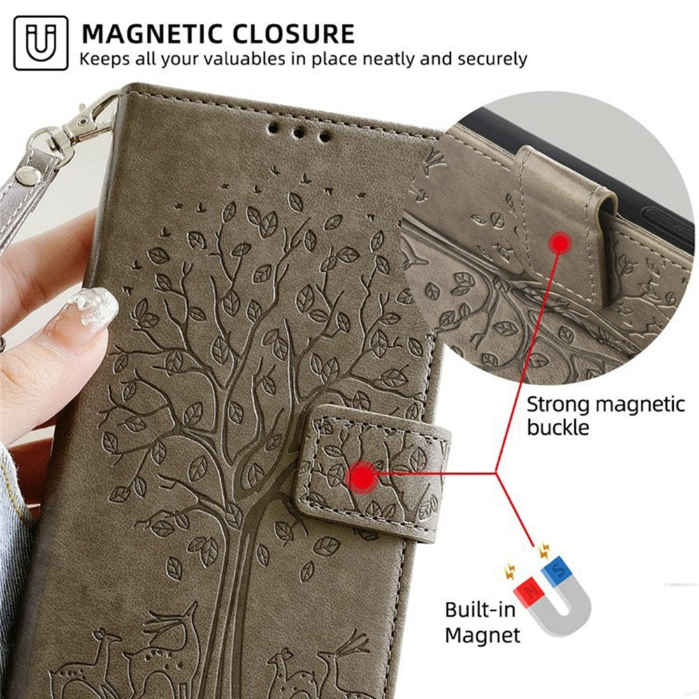 For Motorola Edge 70 5G Case PU Leather Wallet Phone Cover Tree Deer Imprinted - Grey