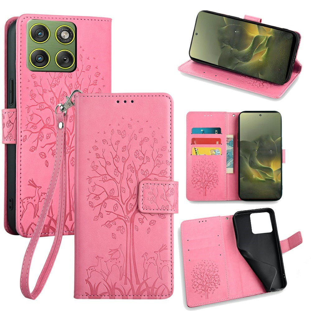For Motorola Edge 70 5G Case PU Leather Wallet Phone Cover Tree Deer Imprinted - Pink