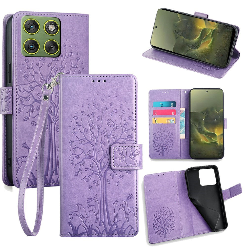 For Motorola Edge 70 5G Case PU Leather Wallet Phone Cover Tree Deer Imprinted - Purple