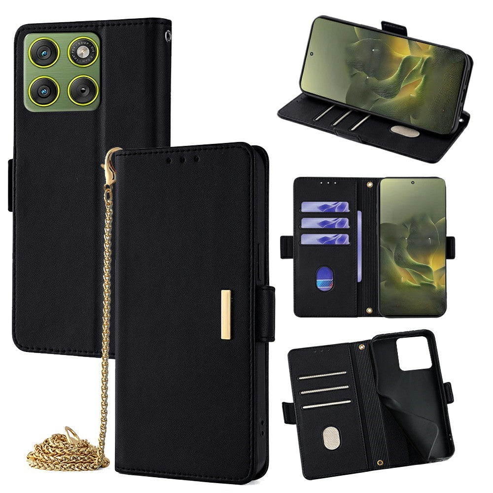 For Motorola Edge 70 5G Case PU Leather Wallet Stand Phone Cover with Crossbody Shoulder Strap - Black