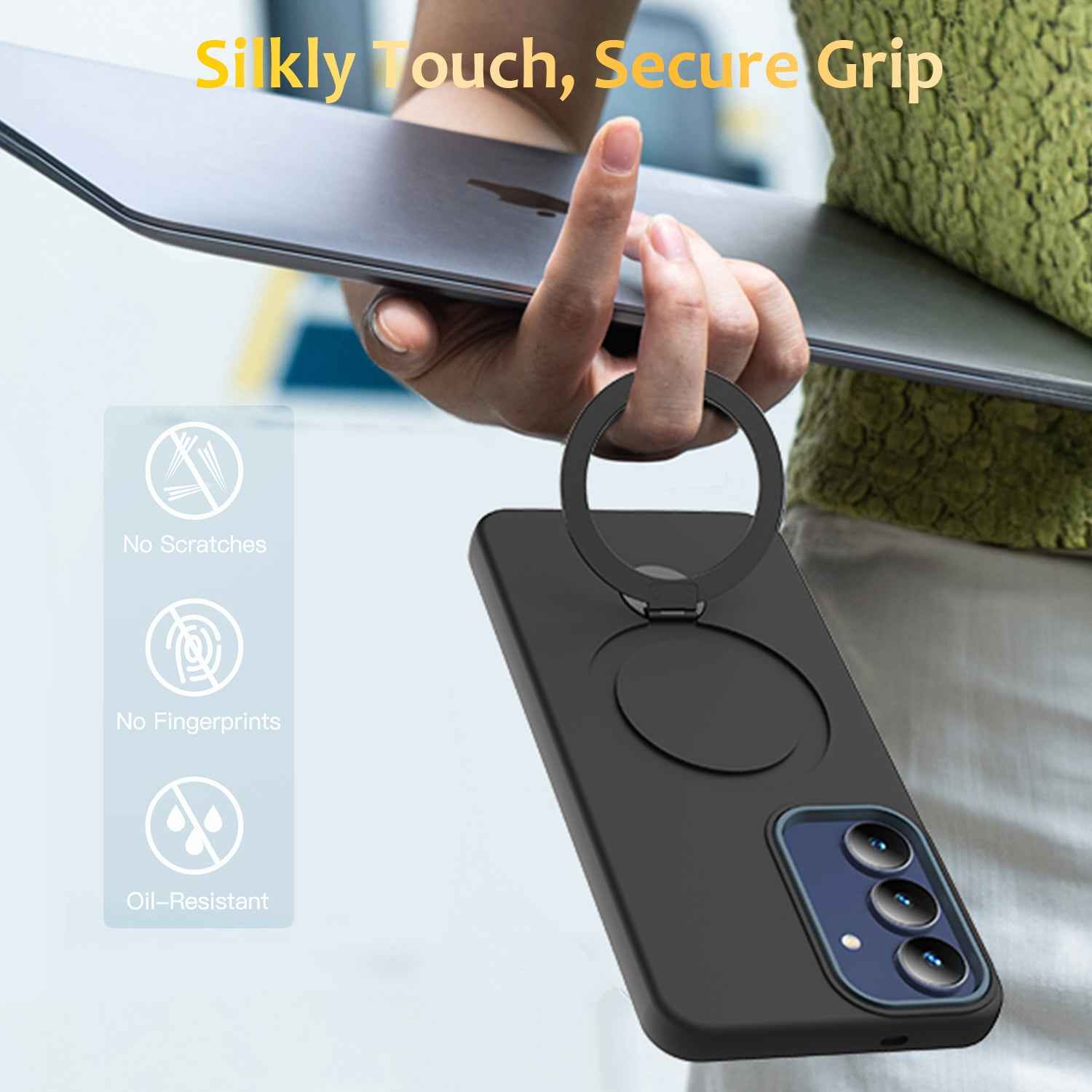 For Samsung Galaxy A57 5G Magnetic Case Rotating Ring Kickstand TPU + PC Back Cover - Black