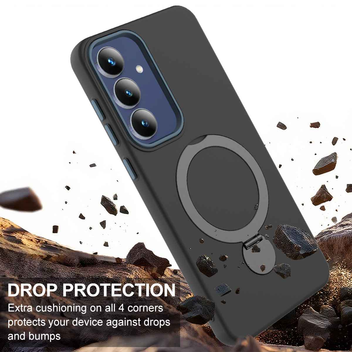 For Samsung Galaxy A57 5G Magnetic Case Rotating Ring Kickstand TPU + PC Back Cover - Black