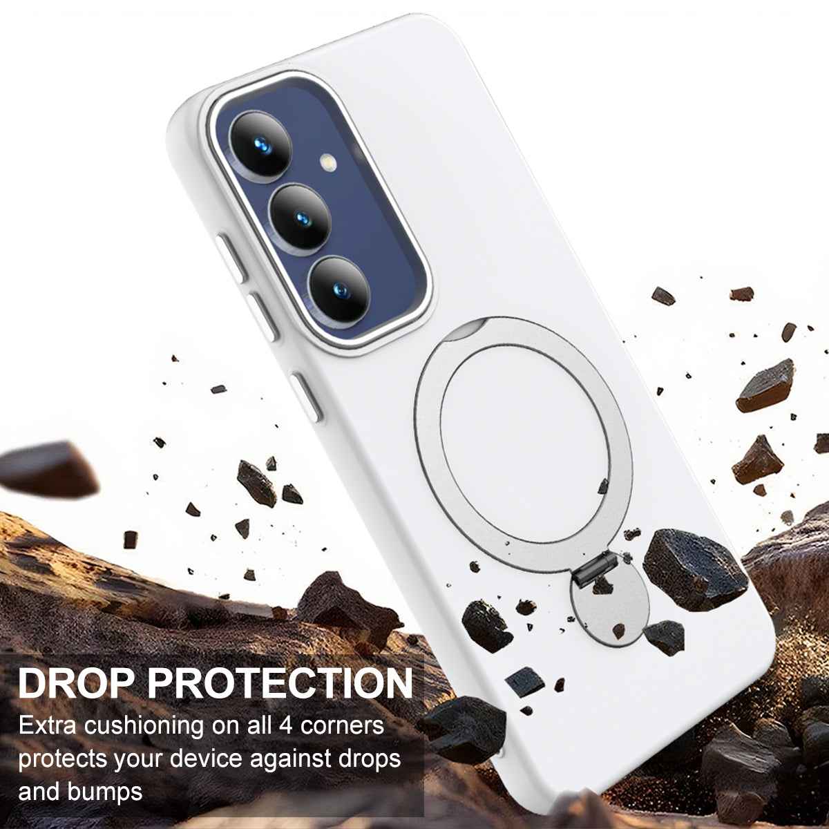 For Samsung Galaxy A57 5G Magnetic Case Rotating Ring Kickstand TPU + PC Back Cover - White