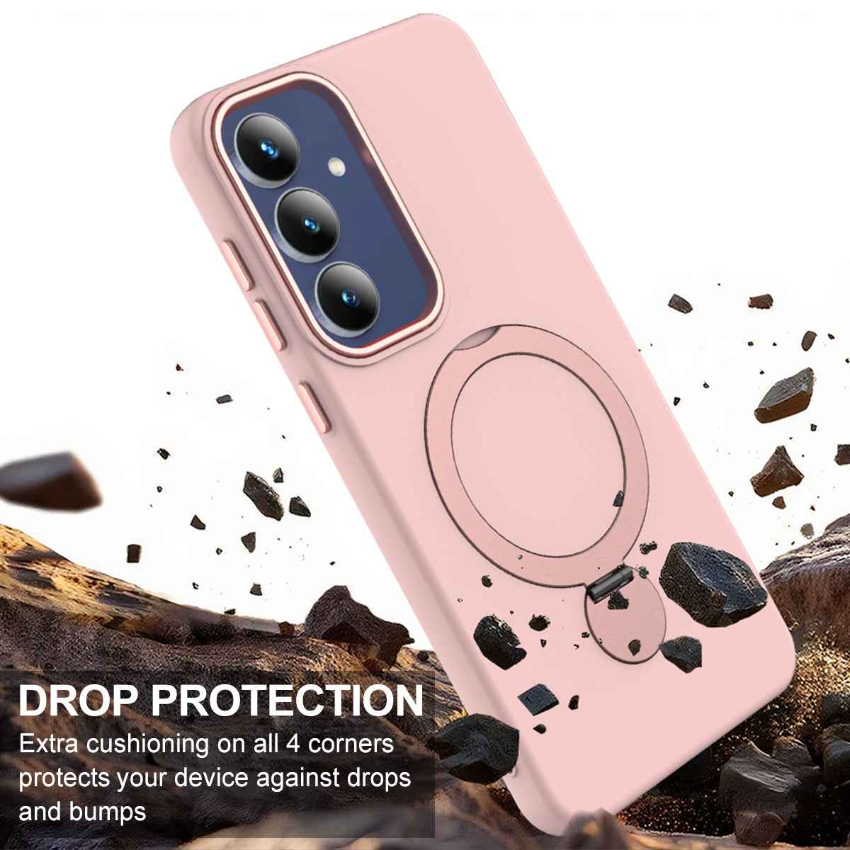 For Samsung Galaxy A57 5G Magnetic Case Rotating Ring Kickstand TPU + PC Back Cover - Pink