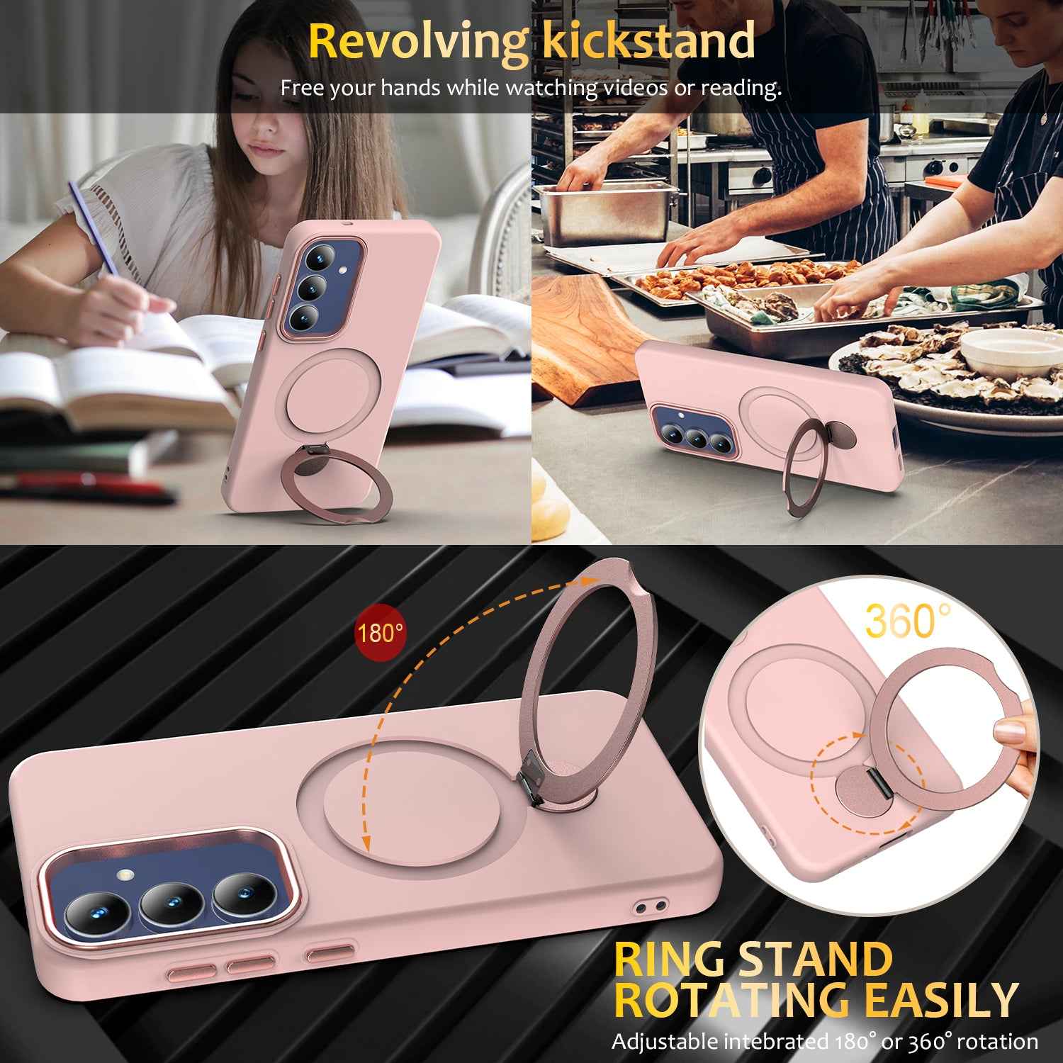 For Samsung Galaxy A57 5G Magnetic Case Rotating Ring Kickstand TPU + PC Back Cover - Pink