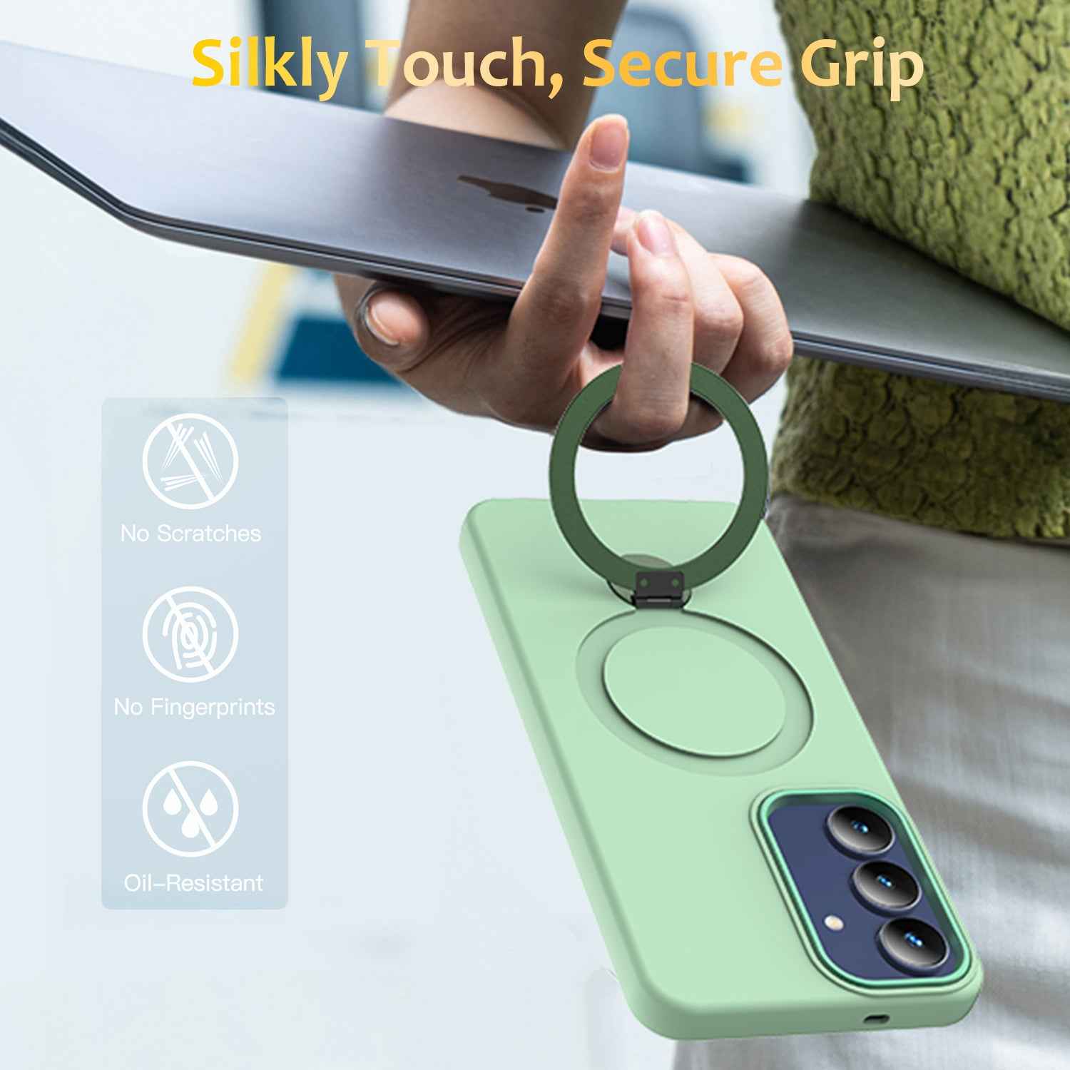 For Samsung Galaxy A57 5G Magnetic Case Rotating Ring Kickstand TPU + PC Back Cover - Green