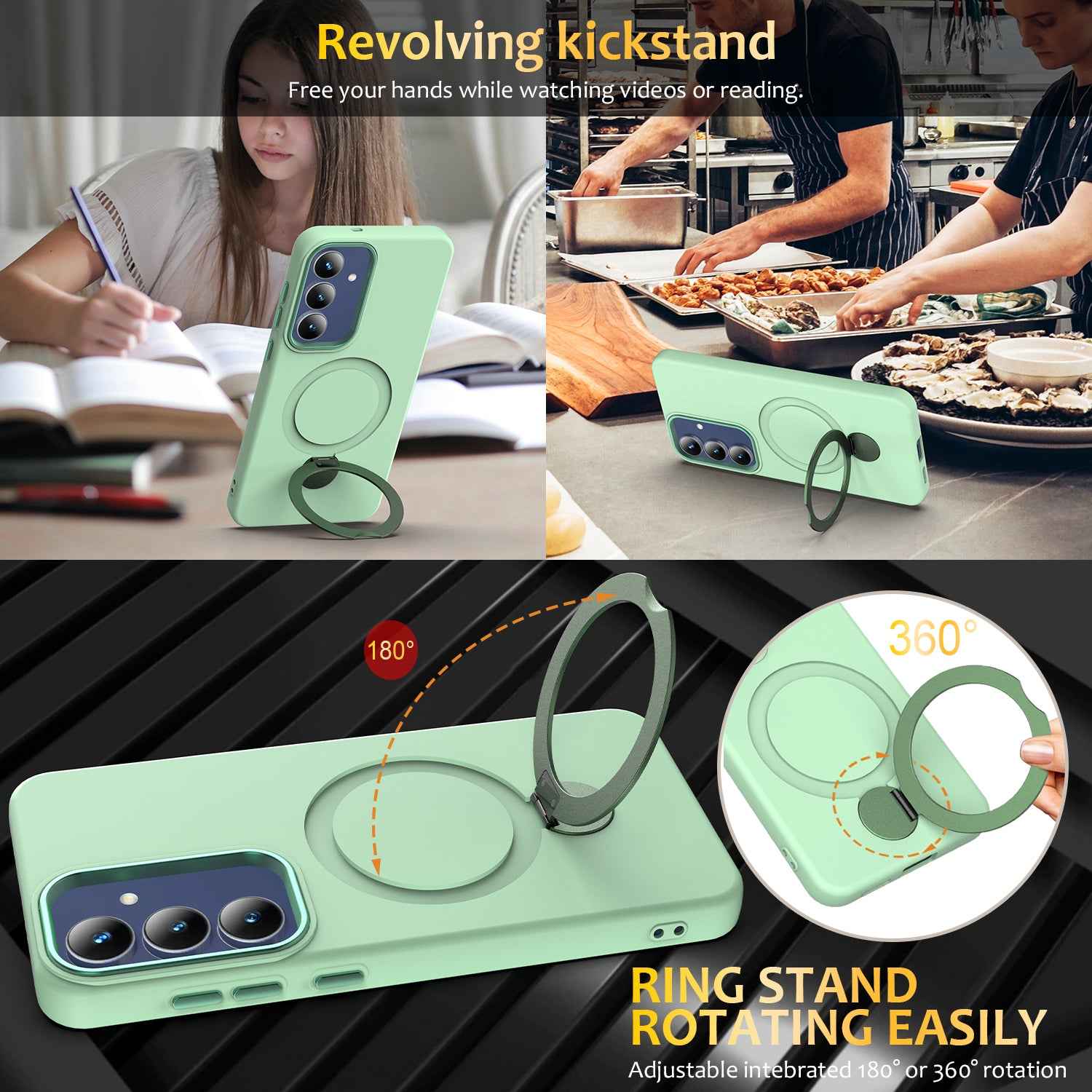 For Samsung Galaxy A57 5G Magnetic Case Rotating Ring Kickstand TPU + PC Back Cover - Green