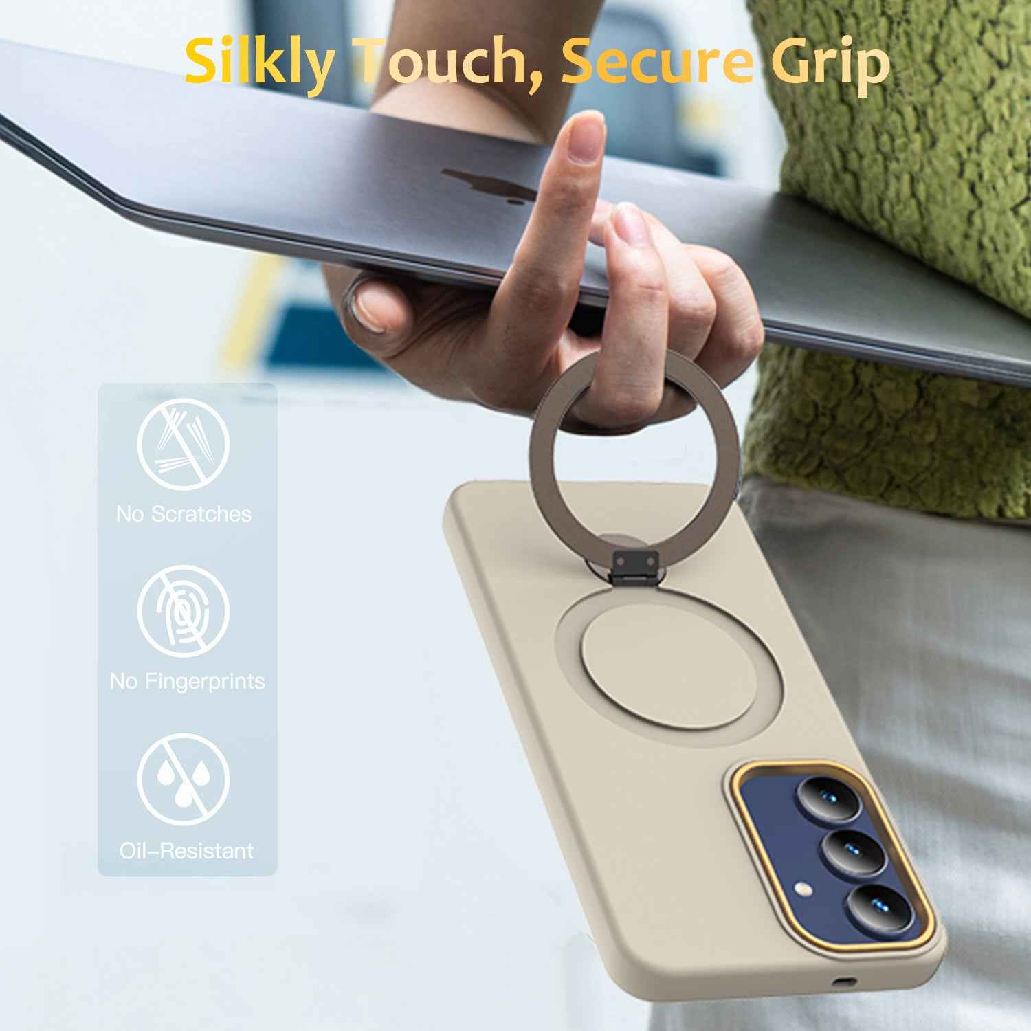 For Samsung Galaxy A57 5G Magnetic Case Rotating Ring Kickstand TPU + PC Back Cover - Apricot