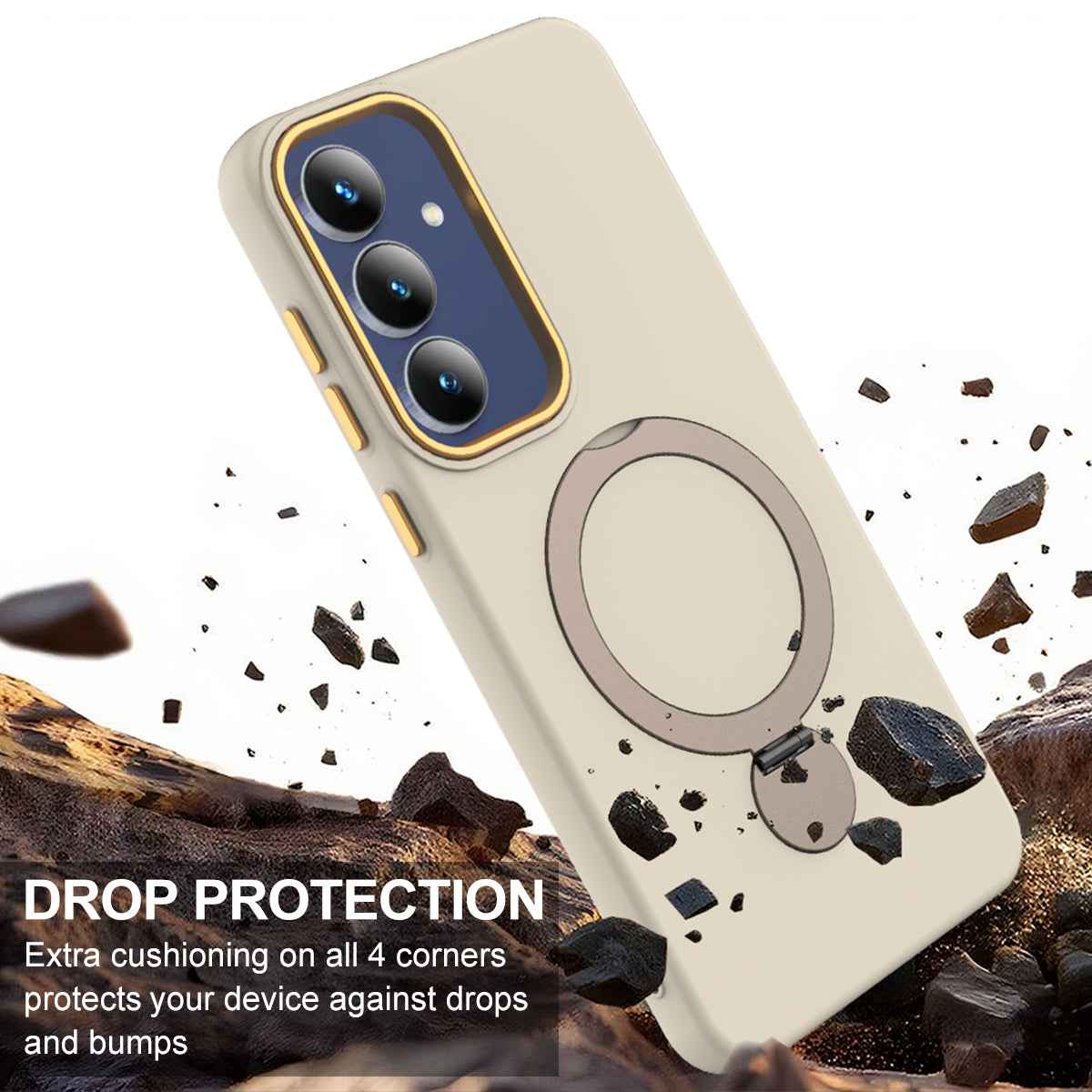 For Samsung Galaxy A57 5G Magnetic Case Rotating Ring Kickstand TPU + PC Back Cover - Apricot