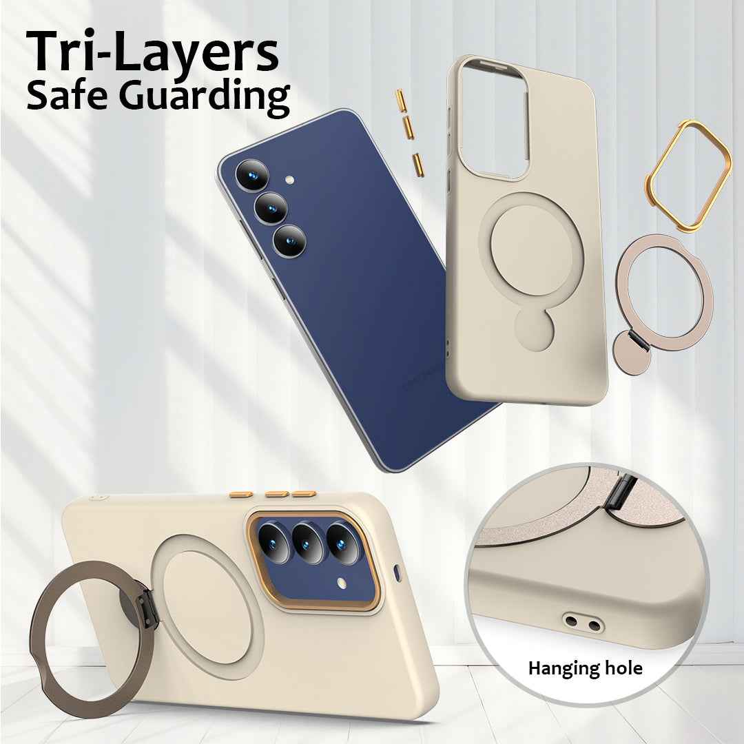 For Samsung Galaxy A57 5G Magnetic Case Rotating Ring Kickstand TPU + PC Back Cover - Apricot