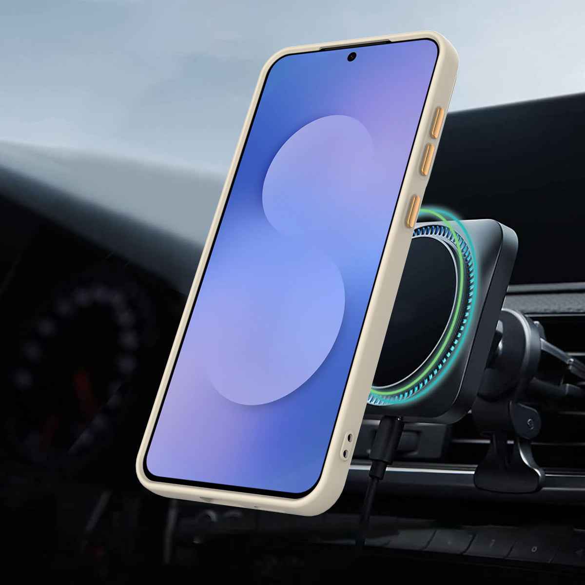 For Samsung Galaxy A57 5G Magnetic Case Rotating Ring Kickstand TPU + PC Back Cover - Apricot