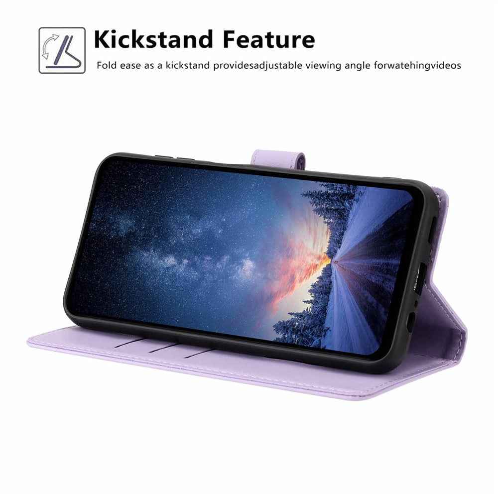 For Samsung Galaxy A57 5G Stand Case Tree-and-Cat Pattern PU Leather Wallet Protective Phone Cover with Wrist Strap - Purple