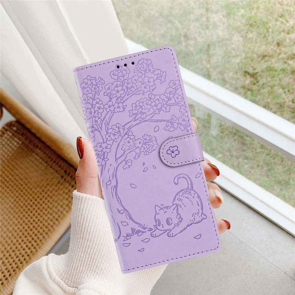 For Samsung Galaxy A57 5G Stand Case Tree-and-Cat Pattern PU Leather Wallet Protective Phone Cover with Wrist Strap - Purple