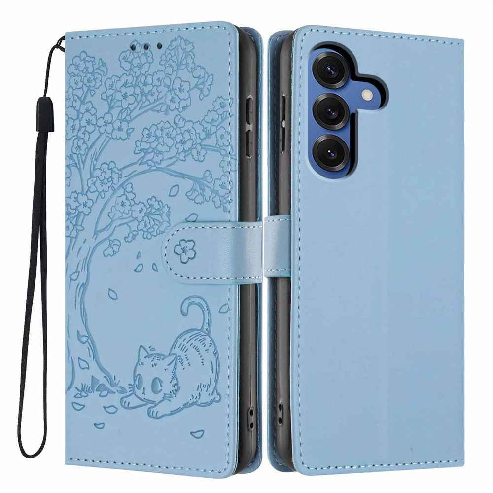 For Samsung Galaxy A57 5G Stand Case Tree-and-Cat Pattern PU Leather Wallet Protective Phone Cover with Wrist Strap - Sky Blue