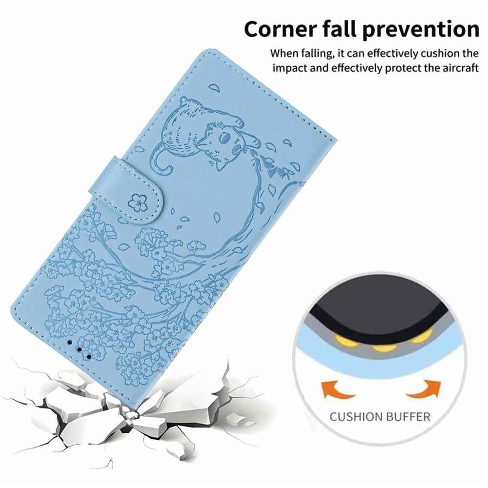 For Samsung Galaxy A57 5G Stand Case Tree-and-Cat Pattern PU Leather Wallet Protective Phone Cover with Wrist Strap - Sky Blue